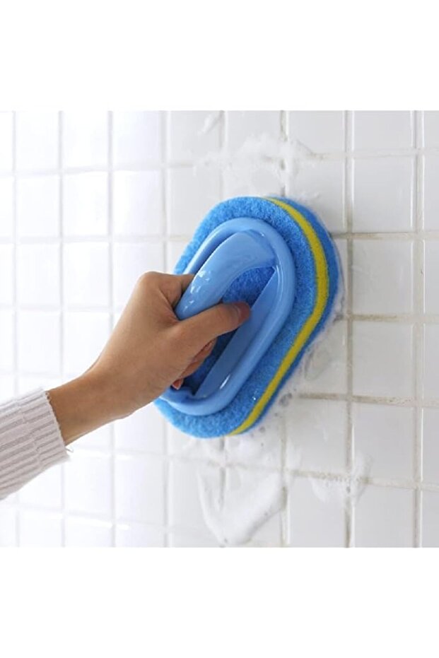 Handled Bathtub Scrubber with Double-Layer Sponge, 14 cm, Blue and Yellow, 2-Pack