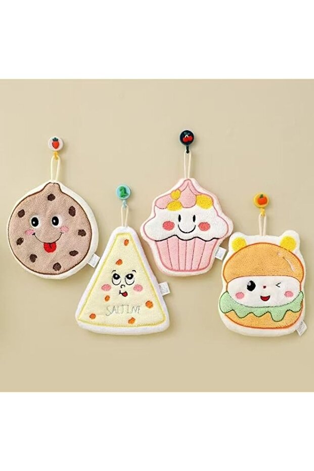 4-Pack Decorative Hanging Hand Towels with Loop, Cute Food Shaped Towels Set – Pizza, Cookie, Cupcake, Burger – Soft 100% Cotton, Super Absorbent for Kitchen Bathroom Use