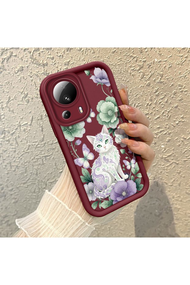 Xiaomi Mi 13 Lite Compatible Case Camera Protective Cat Case Burgundy Lover Couple Silicone Phone Case