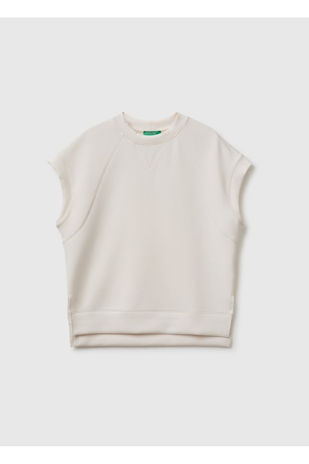 Women's Cream Slit Short Sleeve Crew Neck Top