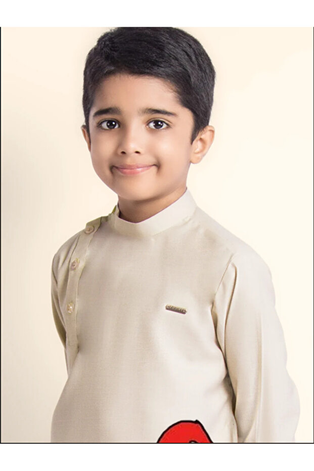 Boys Beige Cotton Kurta with Printed Design