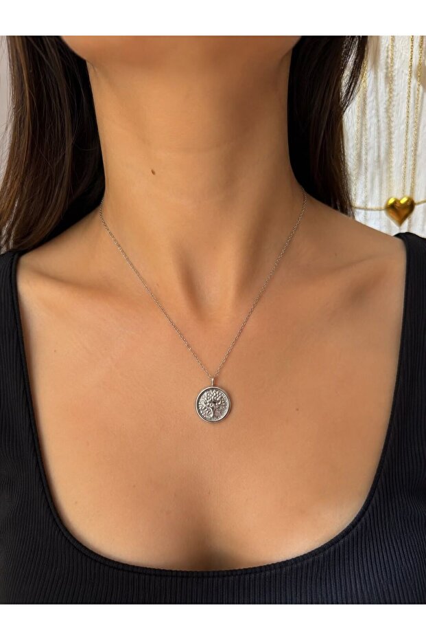 Silver Tree of Life Medallion Steel Necklace