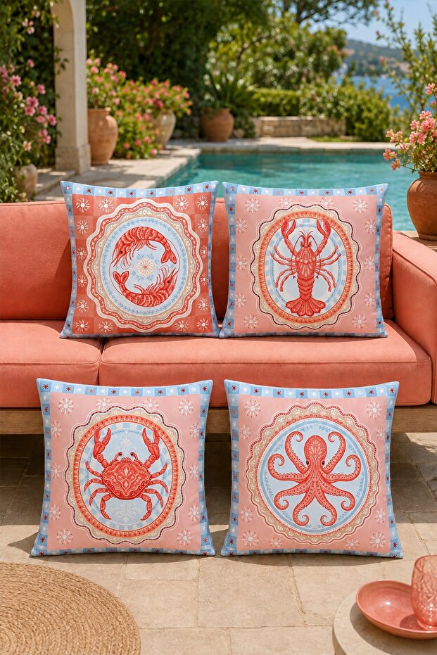 Red Sea Creatures Patterned 4-Piece Throw Pillow Cover Set