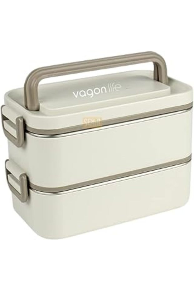 Vagonlife Bento 2000ml Lunchbox 2 Tiers 3 Compartments Steel Lunch Box with Mini Bowl (White)