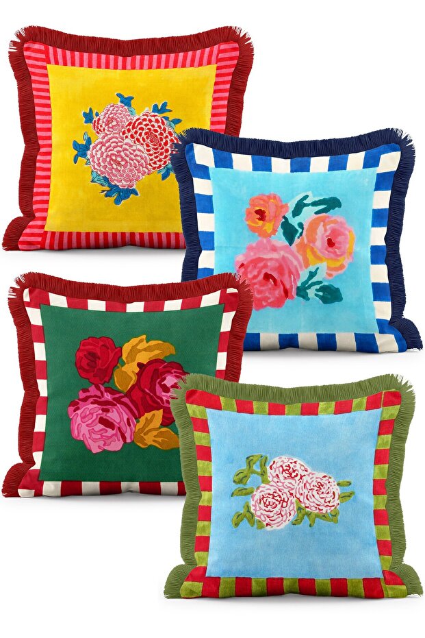 Colorful Striped Edged Peony and Rose Floral Patterned 4-Piece Fringed Throw Pillow Cover Set