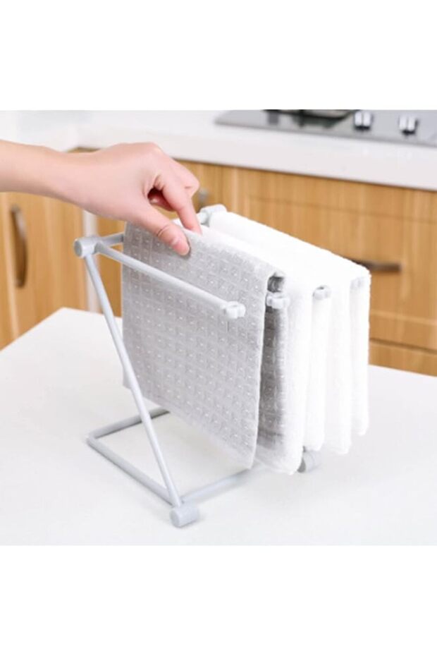 Countertop Dishcloth Drying Rack, Plastic, 4 Arms Folding Design, Neatly Organizes Hand Towels, Ideal for Kitchen and Bathroom (Light Grey)