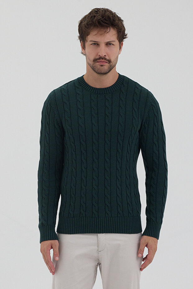 Pales Men's Green Hair Braided 100% Cotton Crew Neck Sweater