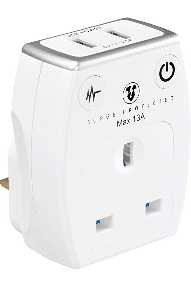 Single Socket Surge Protected Power Adaptor with Two USB Charging Points - Gloss White 3