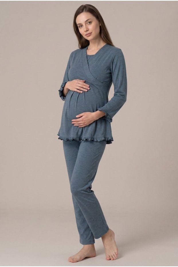 Women's Anthracite Double-Breasted Collar Breastfeeding Detailed Long Sleeve Maternity Pajama Set