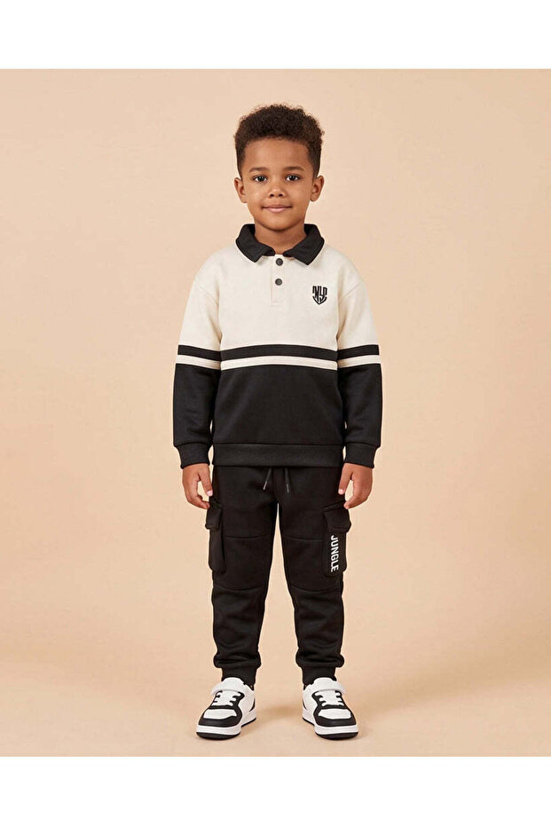 Boys White Plain Collared Sweatshirt and Jogger Set