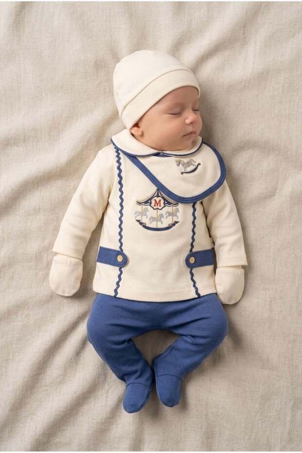 Baby Boy Carousel Embroidered with Water Stones 0-3 Months 100% Cotton 5-Piece Newborn Hospital Discharge Bodysuit Set
