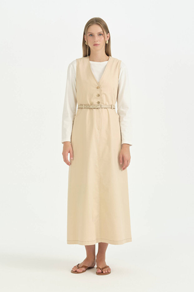 Canvas Cotton Gilet with Belt Detail - Cream