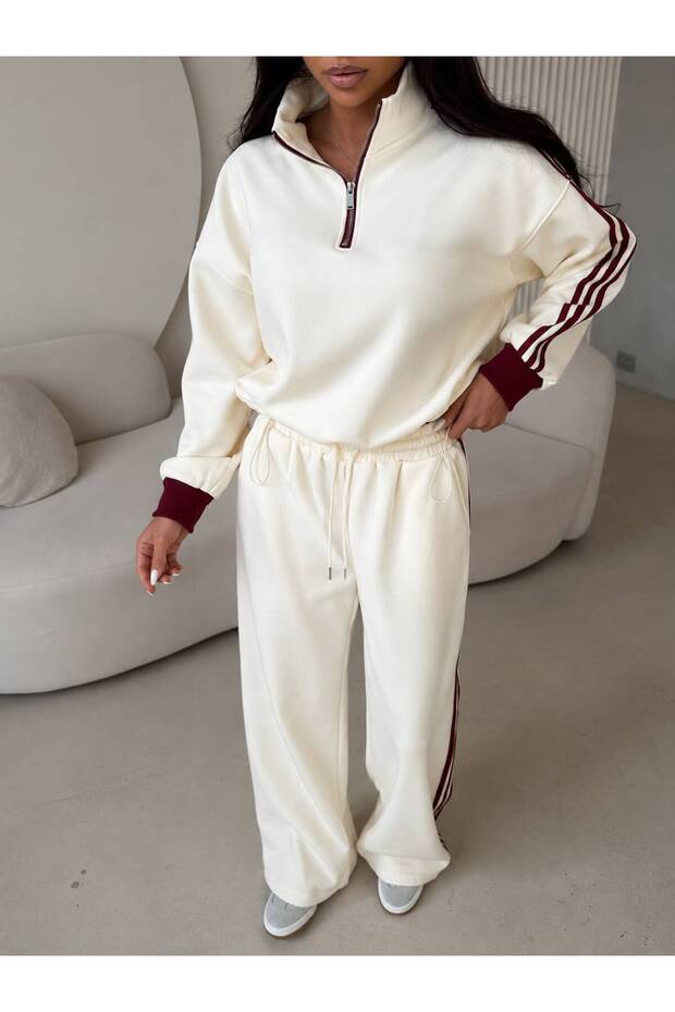 Straight Collar Wide-Leg Striped Track Suit