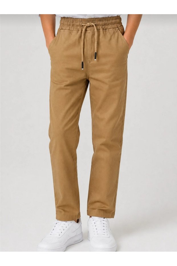 Children's Pants with Elastic Waist and Laces, Beige Color, Canvas Fabric, School, Daily, Comfortable...