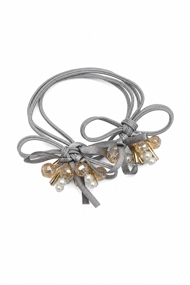 Stylish Design Bead and Ribbon Detailed Gray Flexible Hair Tie Elastic