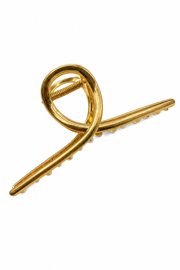 Yellow Metallic Modern Design Pearl Detailed Hair Clip Stylish Hair Accessory for Women