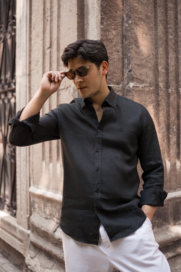 Regular Fit Buttoned Collar 100% Linen Raw Linen Summer Shirt