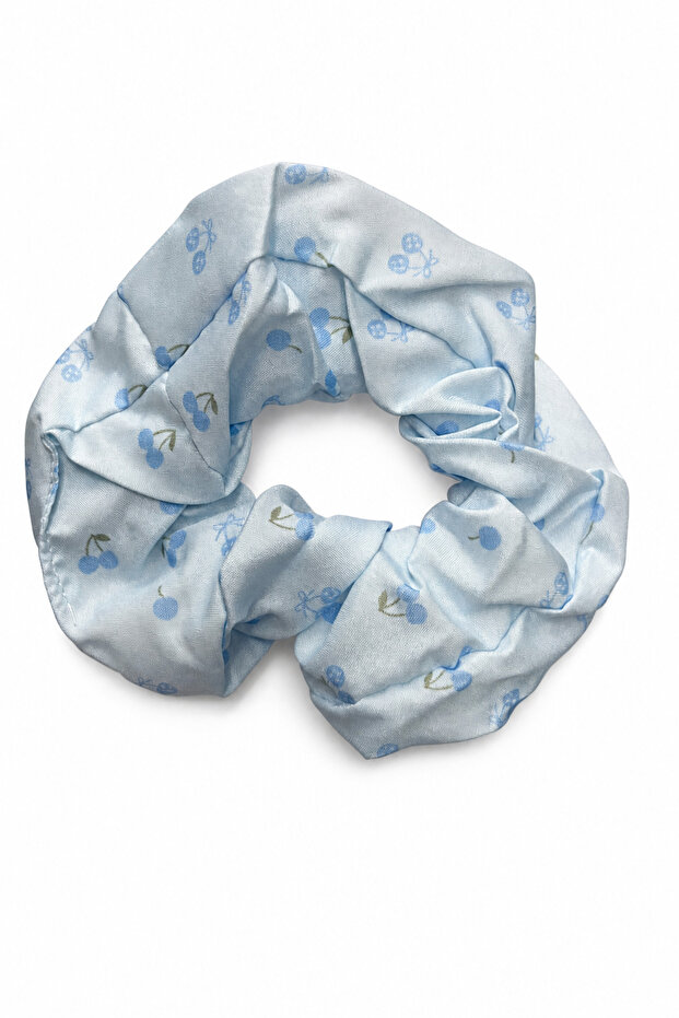 Cherry Patterned Light Blue Satin Buckle Elastic - Stylish and Convenient Hair Accessory
