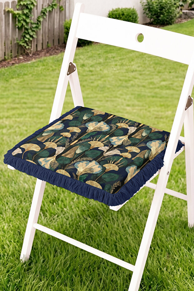Ginkgo Leaf Patterned Fringed Zippered Chair Cushion - Modern Botanical Tufted Cushion