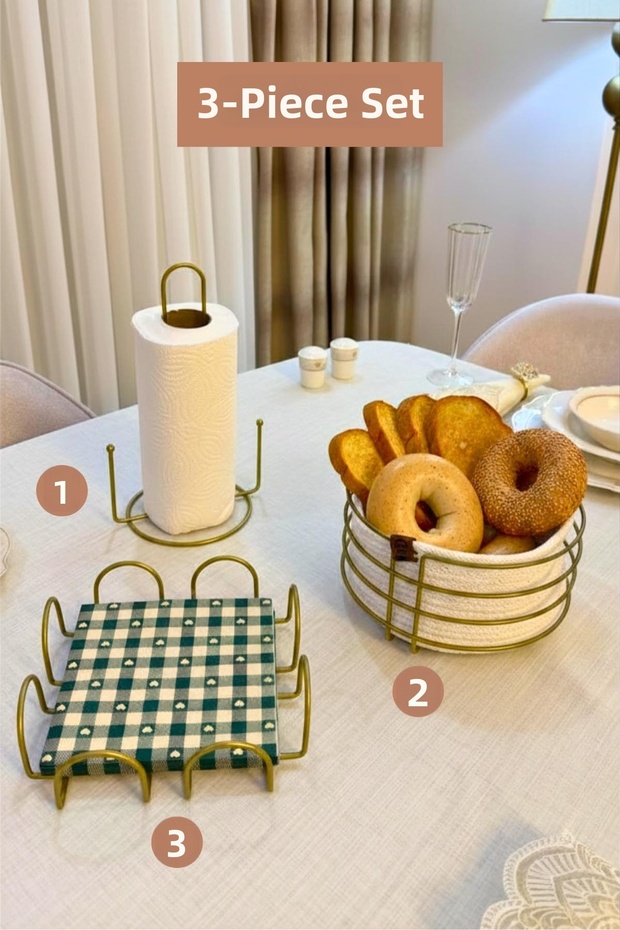 Set of 3 Matte Gold Square Napkin Holder, Vertical Paper Towel Holder, Round Bread Basket, Kitchen Set