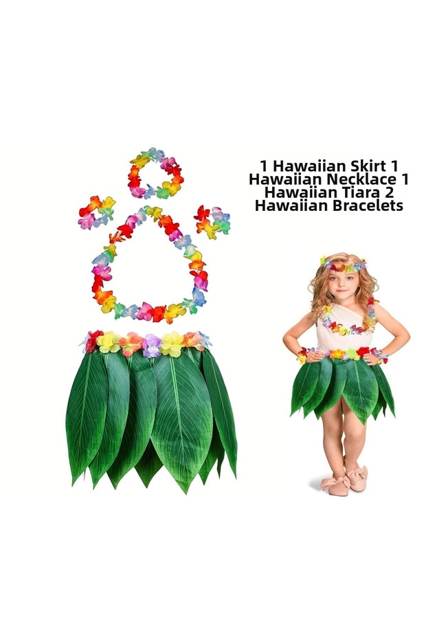 Children's Hawaiian Costume Set - Leaf Skirt Hawaiian Set - 5 Pieces