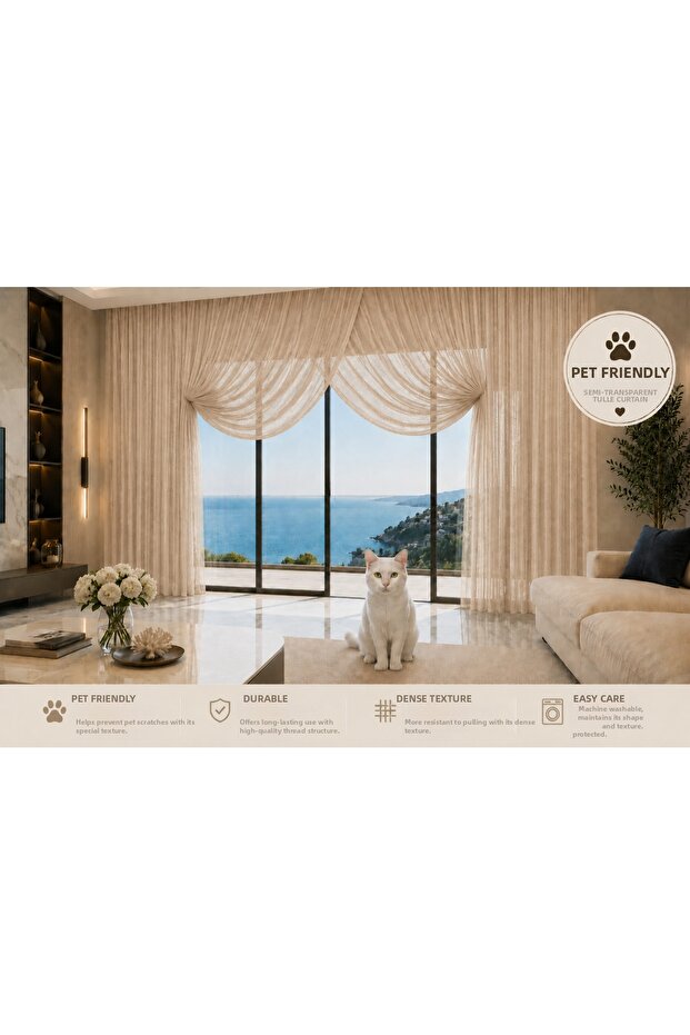 Pati Dostu Beige Mink Light Brown Color Curved Tulle Curtain