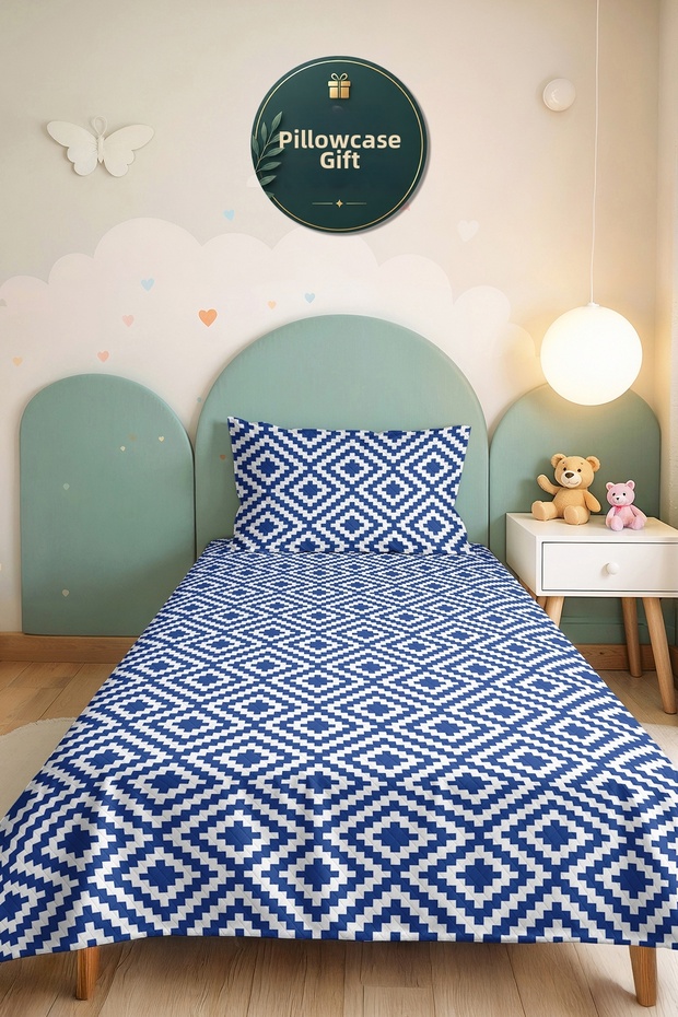 Blue Geometric Youth Room Single Pique Set - Modern White 160X220 cm Quilted Bedspread