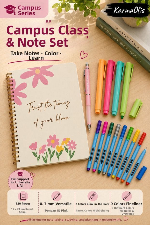 Campus Lecture and Note Set 120 Sheets Lined Spiral Notebook 17X24 Cm, 0.7 Versatil Pen, 4 Pastel Highlighters, 9 Color Fineliner Pens