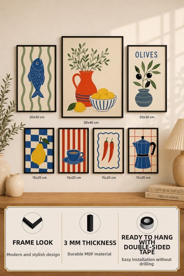 7-Frame View of the Mediterranean | Lemon | Olive | Modern | Italian & Mediterranean Style | Living Room, Office, Kitchen and Study Room Wall Decor