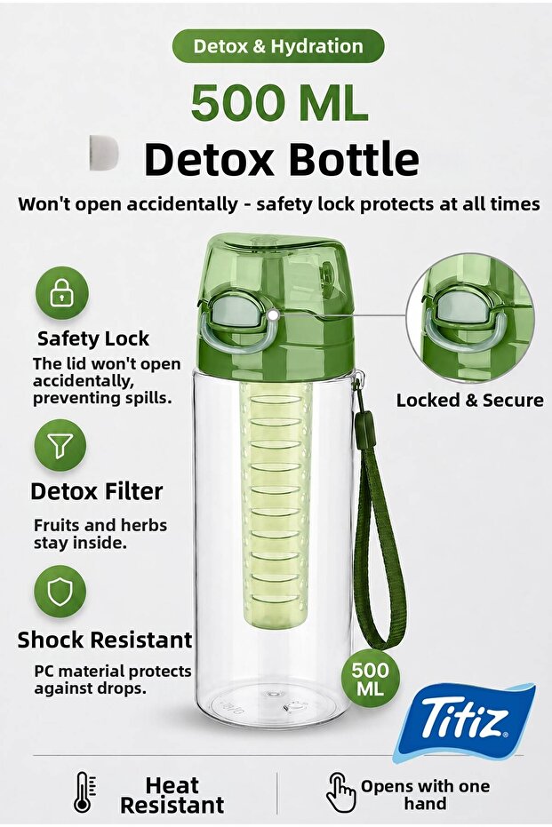 Detox Lockable Lid Polycarbonate Water Bottle with Filter 500 ml