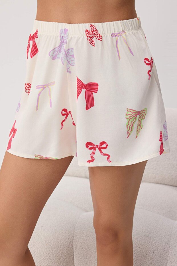 Çok Renkli Kurdele/Fiyonk Desenli Viskon Dokuma Pijama Takımı THMSS26PT00215 - 3