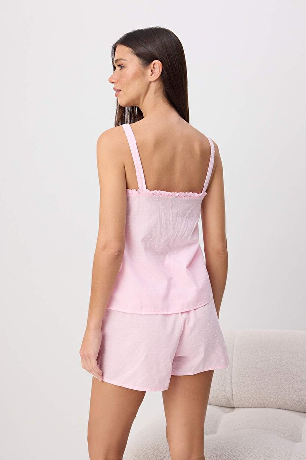 Pembe %100 Pamuklu Kesme Ponpon Fırfırlı Dokuma Pijama Takımı THMSS26PT00234 - 5