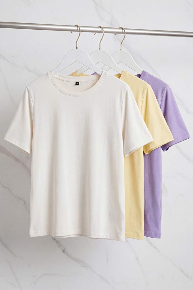 Lila-Sarı-Ekru 3'lü Paket Büyük Beden T-shirt TBBSS25BF00071 - 8