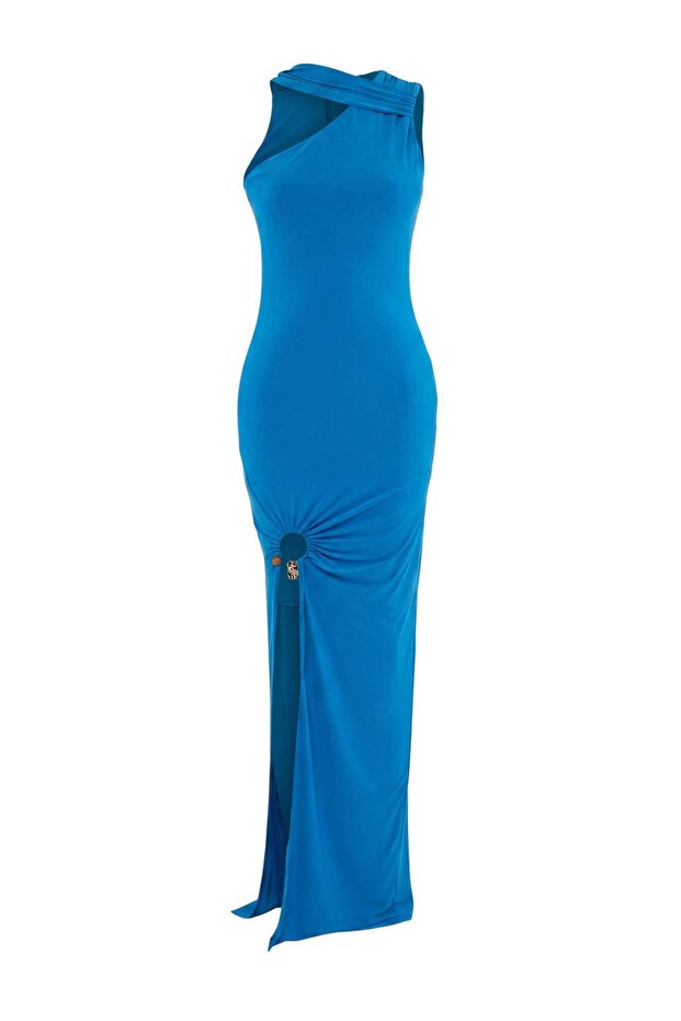 Mavi Düz Dokuma Sandy Maxi Abiye & Mezuniyet Elbisesi - 5