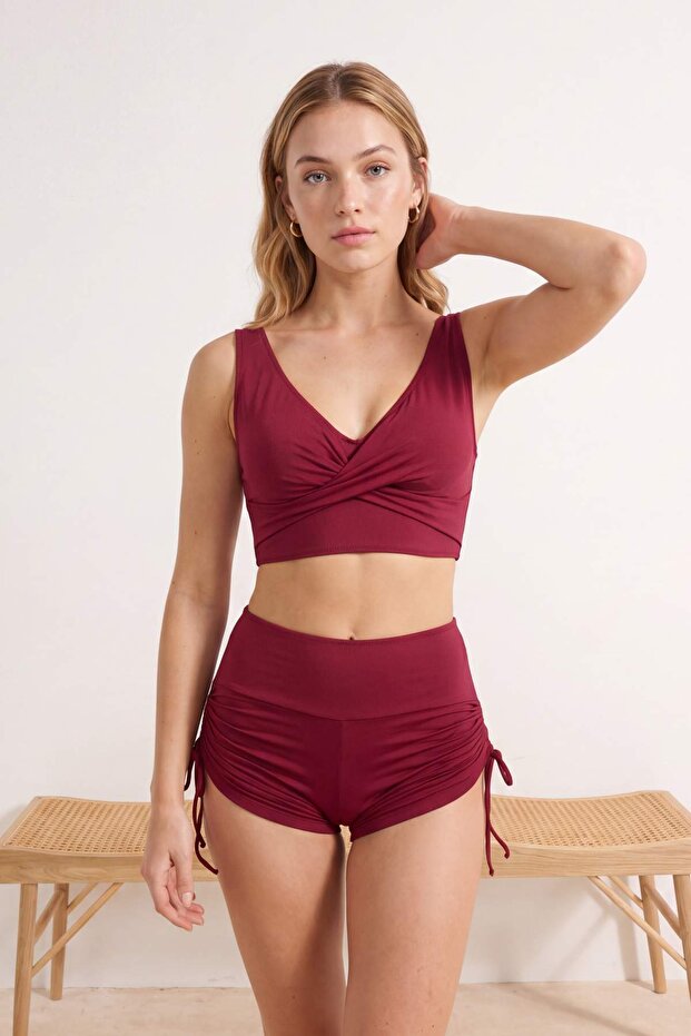 Bordo Tünelli Bralette Kaplı Bağlama Detaylı Şort Bikini Takımı TBESS26BT00007 - 2