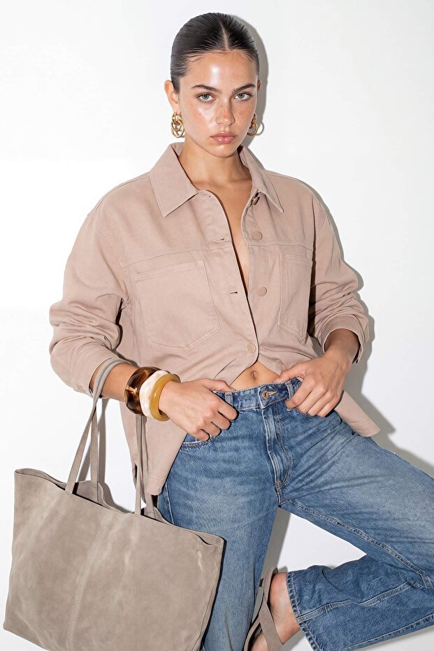 Taş Gabardin Çıtçıtlı Denim Oversize Ceket TDRSS26CE00014 - 1