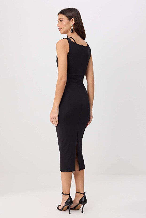 Siyah Bodycon Kare Yaka Kolsuz Dantel Detaylı Maxi İnterlok Örme Elbise TWOSS26EL00870 - 4