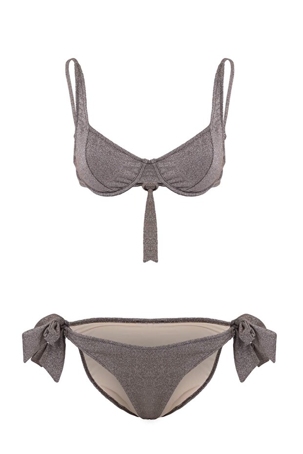 Kahverengi Simli Bağlamalı Balconette Kaplı Regular Düşük Bel Bikini Takımı TBESS25BT00116 - 5
