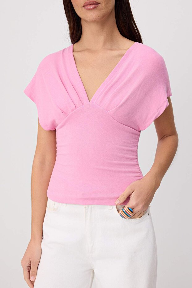 Pembe Fitted/Vücuda Oturan Büzgü/Drape Detaylı Örme Bluz TWOSS25BZ00605 - 3