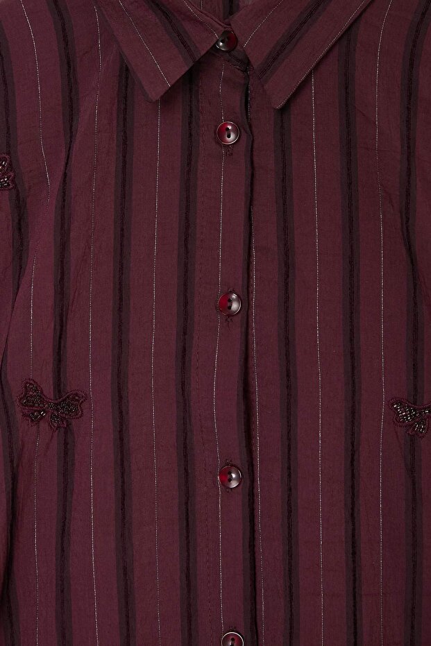 Bordo Oversize Taşlı Nakışlı İnce Kumaş Transparan Gömlek TDRSS26GO00102 - 6
