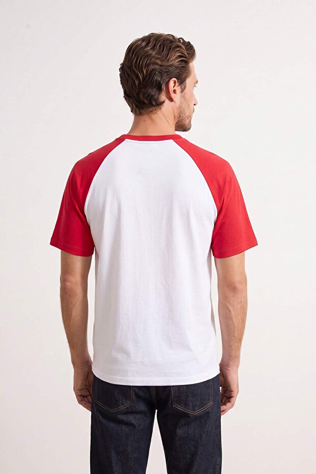 Beyaz-Kırmızı Düşük Omuz Regular Renk Bloklu %100 Pamuk T-Shirt TMNSS26TS00079 - 7