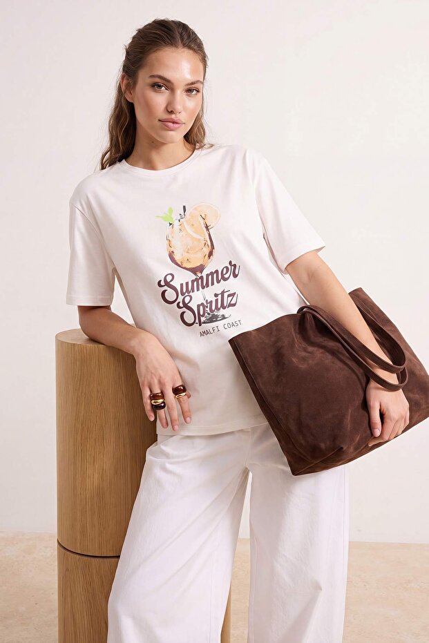 Ekru Baskılı Oversize/Geniş Kalıp Kısa Kol Örme T-Shirt TWOSS26TS00335 - 3