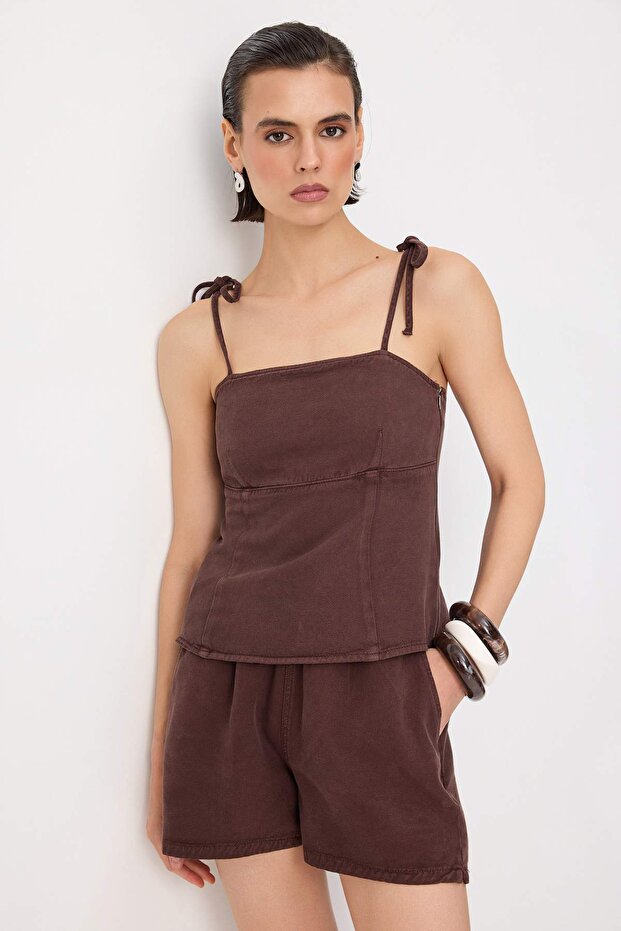 Brown Tencel Blended Strappy Crop Denim Blouse Twoss26Bz00830