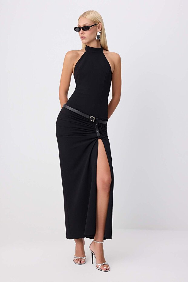 Siyah Halter Yaka Shift/Düz Kesim Maxi Kemerli Dokuma Abiye & Mezuniyet Elbisesi TPRSS26AE00217