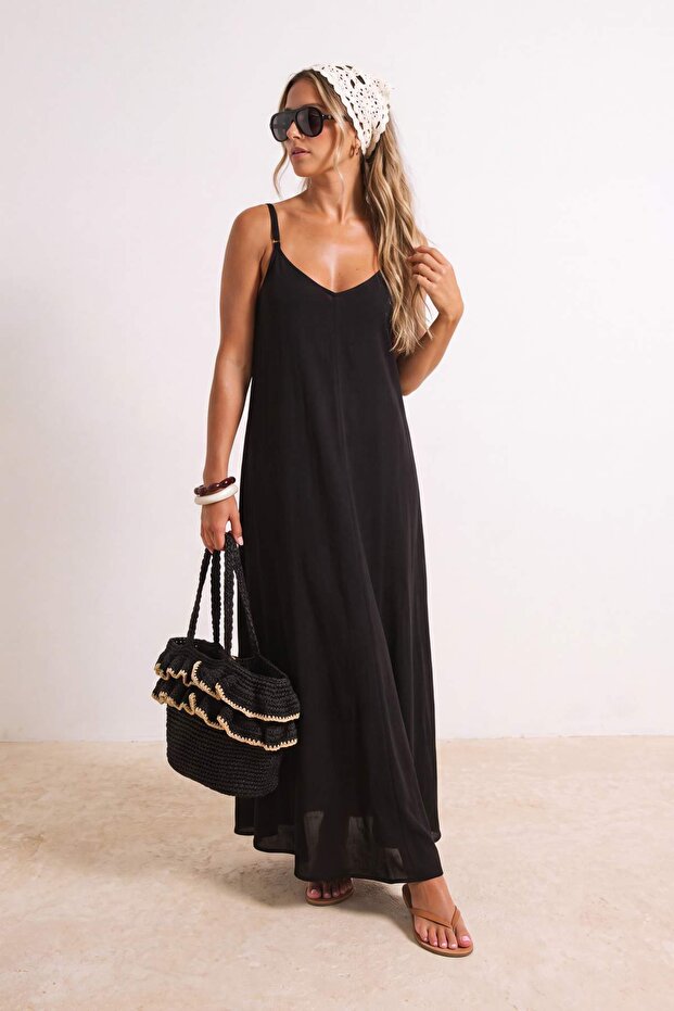 Siyah Dokuma Maxi A-Line Plaj Elbisesi TBESS26LE00021