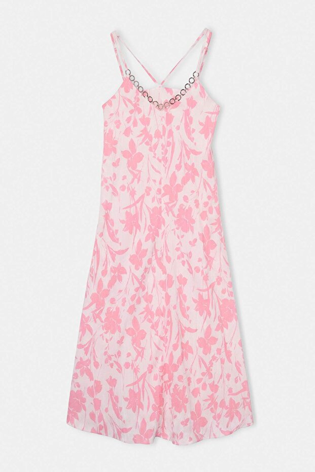 Pembe Ayarlanabilir Askılı Metal Aksesuarlı Floral Elbise TDRSS26EL00128