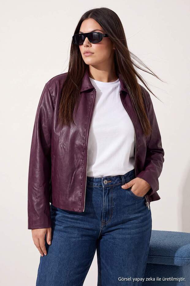 Bordo Regular Kalıp Dikiş Detaylı Suni Deri Büyük Beden Ceket Mont TWOAW27AW00012