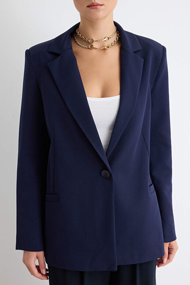 Lacivert Regular Gri Geometrik Desenli Astarlı Tek Düğmeli Cepli Dokuma Blazer Ceket TWOAW20CE0316 - 4