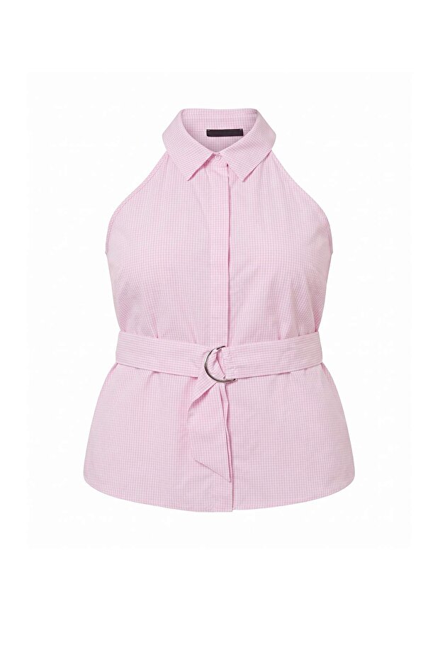 Pembe Fitted Kolsuz Ekose/Kareli Aksesuar ve Kuşak Detaylı Büyük Beden Dokuma Gömlek TBBSS26AX00041