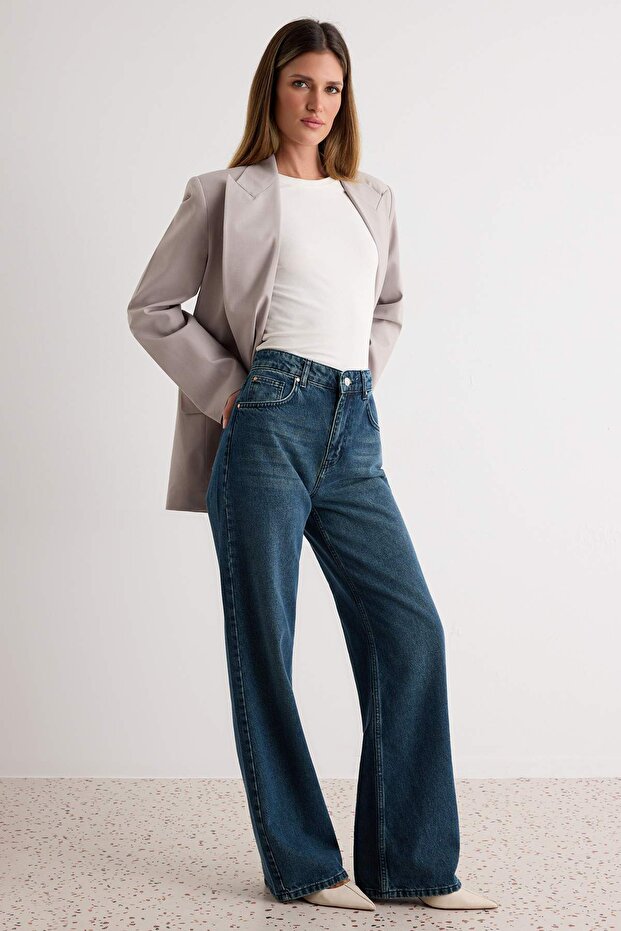 Koyu Mavi Soluk Efekt Vintage Yüksek Bel Wide Leg Geniş Paça %100 Pamuk Jeans TWOSS24JE00080 - 2